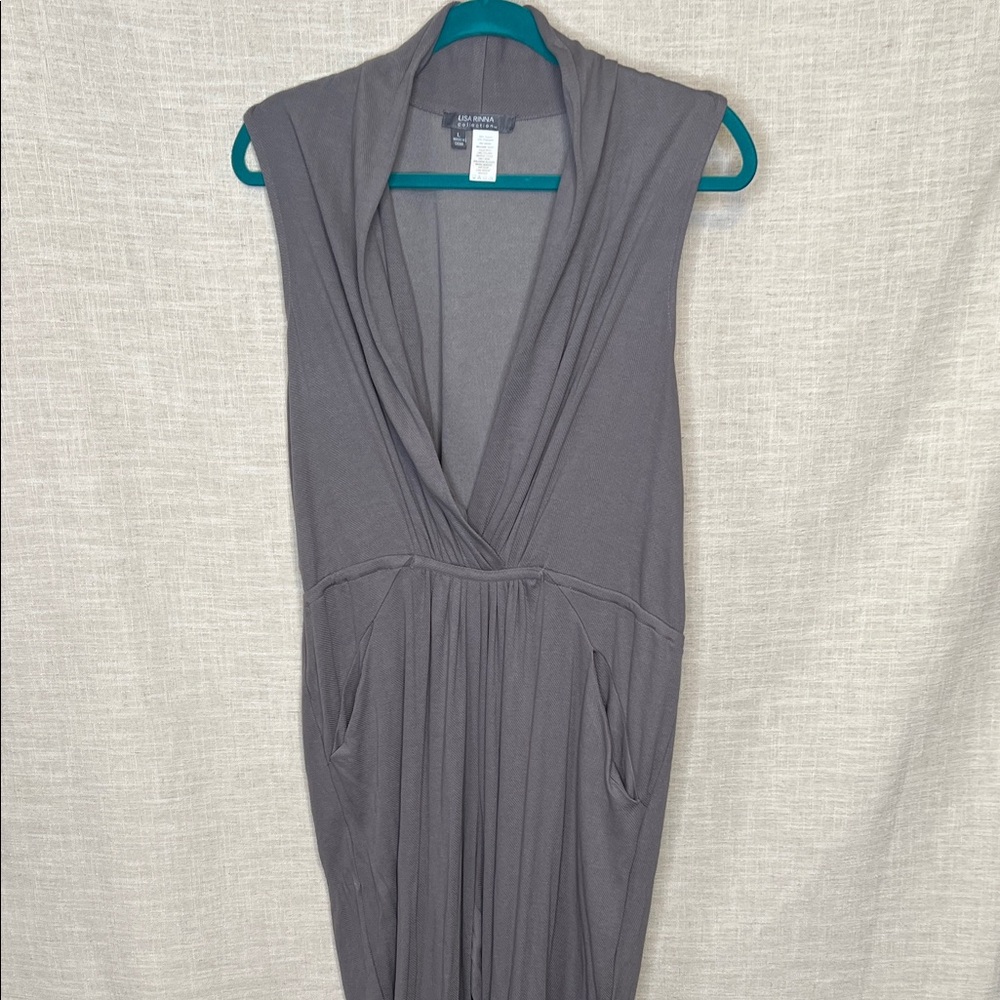 Lisa Rinna Collection Gray Sleeveless V-Neck Jumpsuit Large